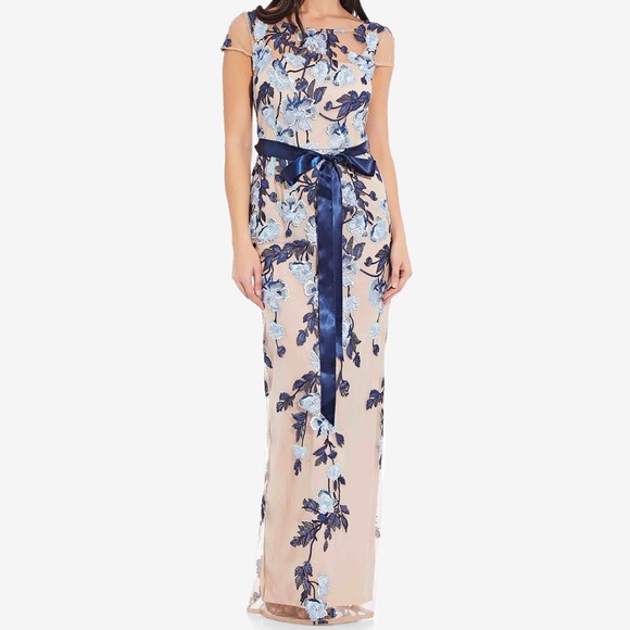 Adrianna Papell Dresses & Skirts - 🆕 Adrianna Papell Nude & Blue Embroidered Mesh Gown Floral Column Dress Size 4